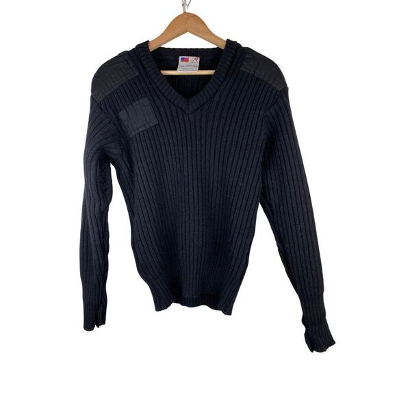 Rothco Size 44 Black Military Commando V-Neck 100% Wool Sweater with Patches - Picture 1 of 6